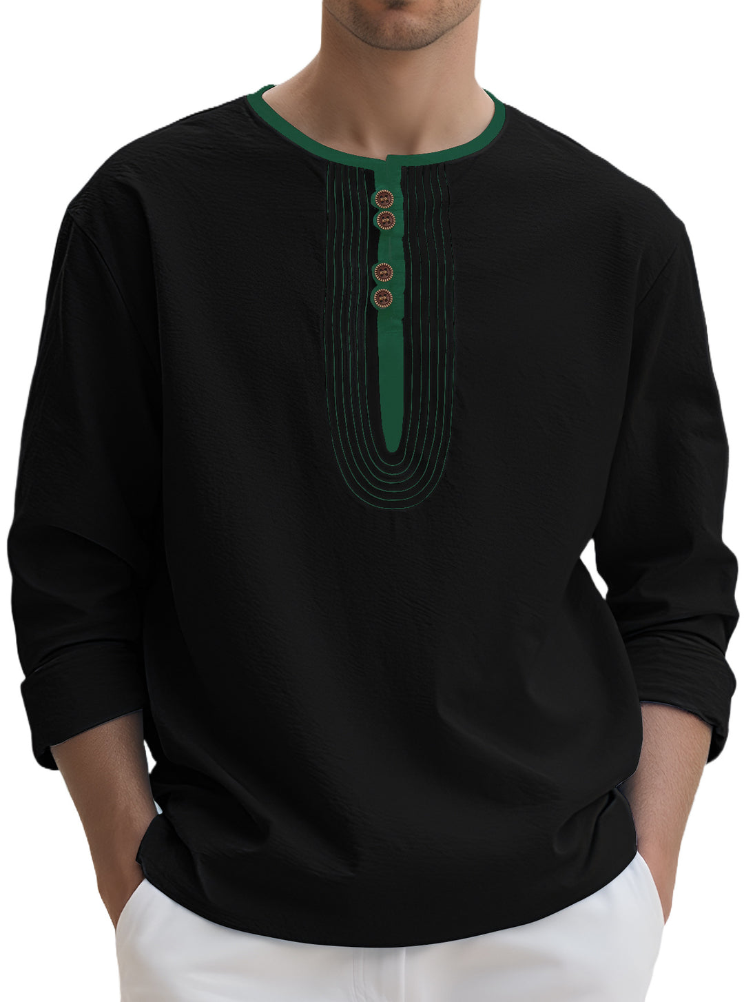 Men’s Linen-Blend Pleated Henley Shirt