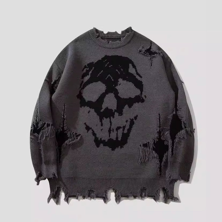 DISTRESSED SKULL KNIT SWEATER