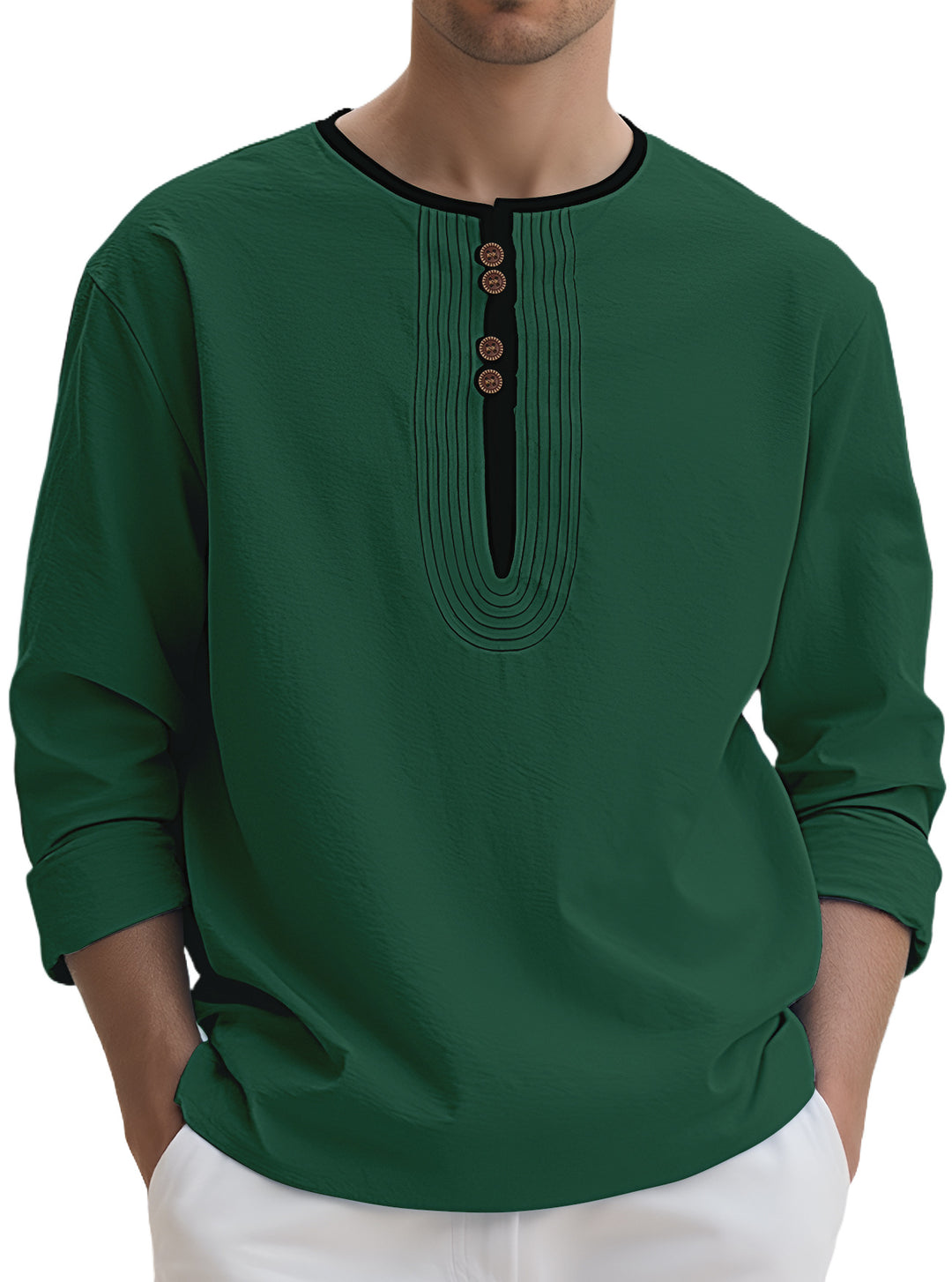 Men’s Linen-Blend Pleated Henley Shirt