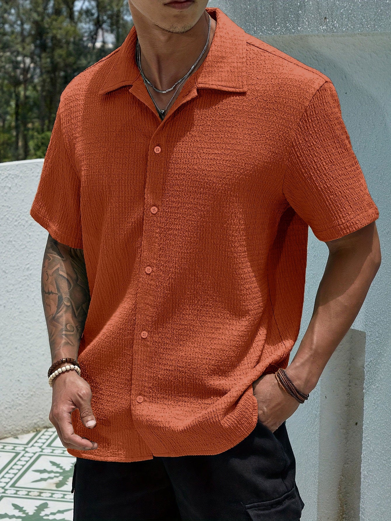 Men's Textured Button Front Collared Shirt