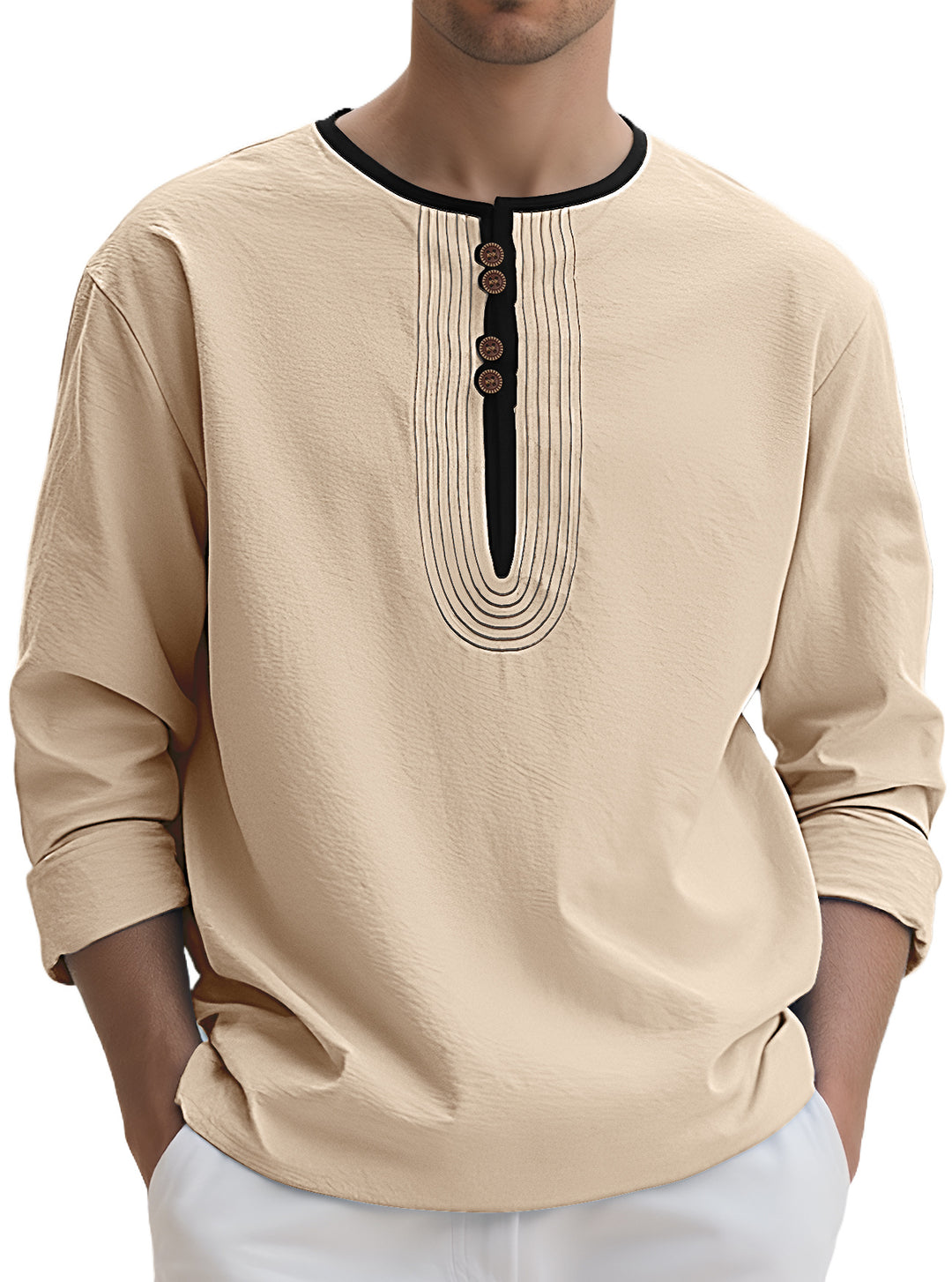 Men’s Linen-Blend Pleated Henley Shirt