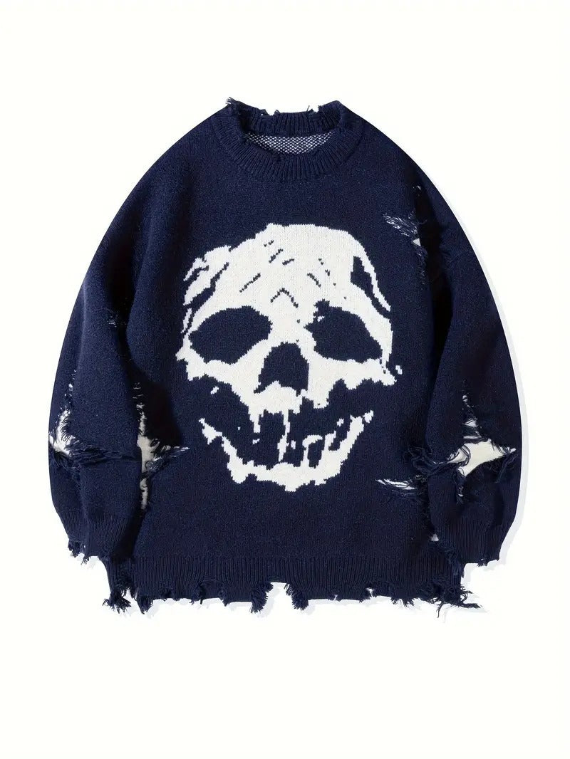 DISTRESSED SKULL KNIT SWEATER