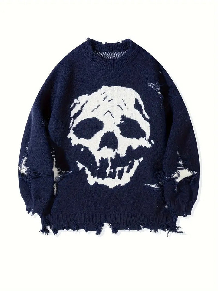 DISTRESSED SKULL KNIT SWEATER