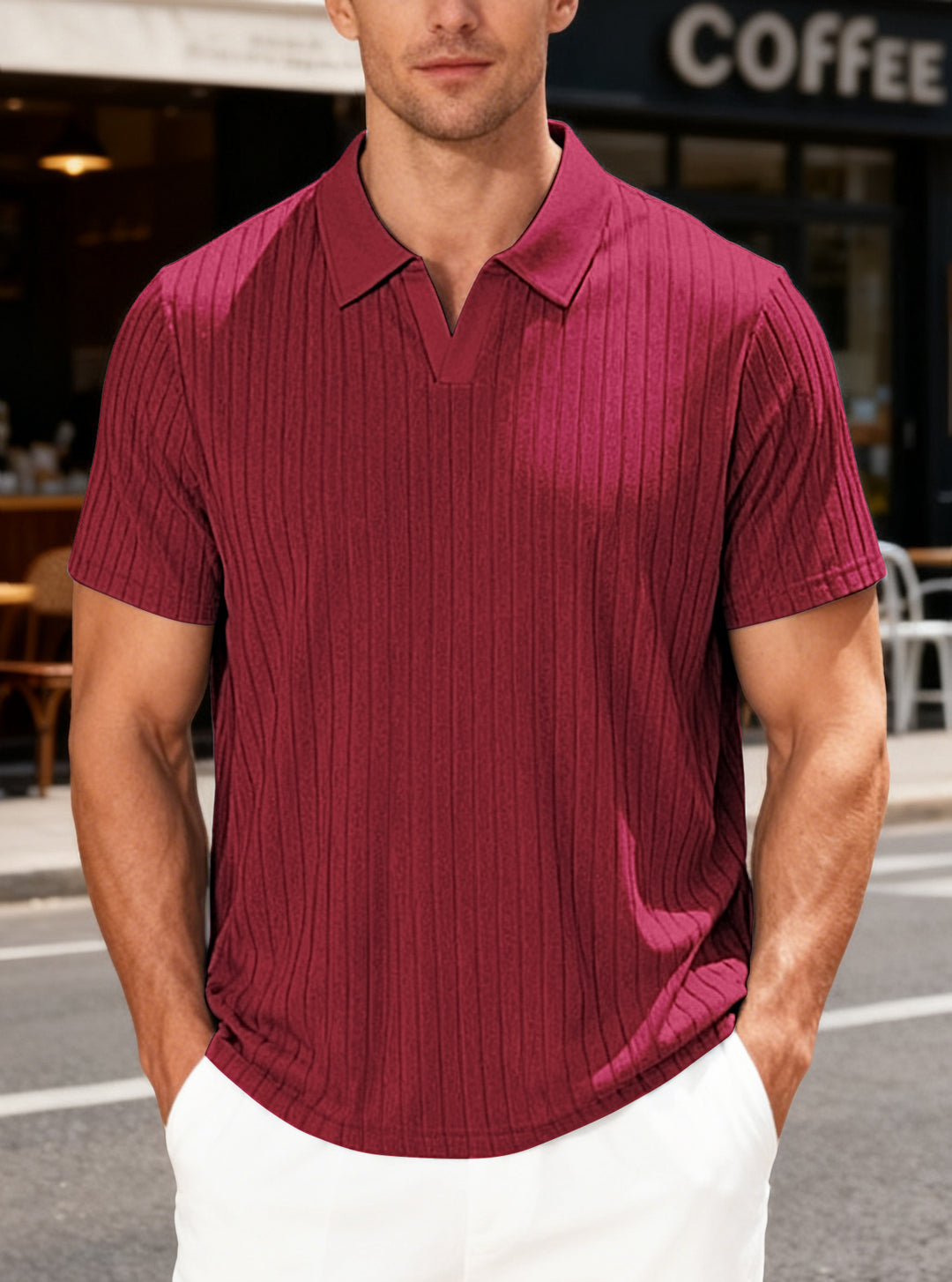 Men’s Ribbed Open-Collar Polo Shirt