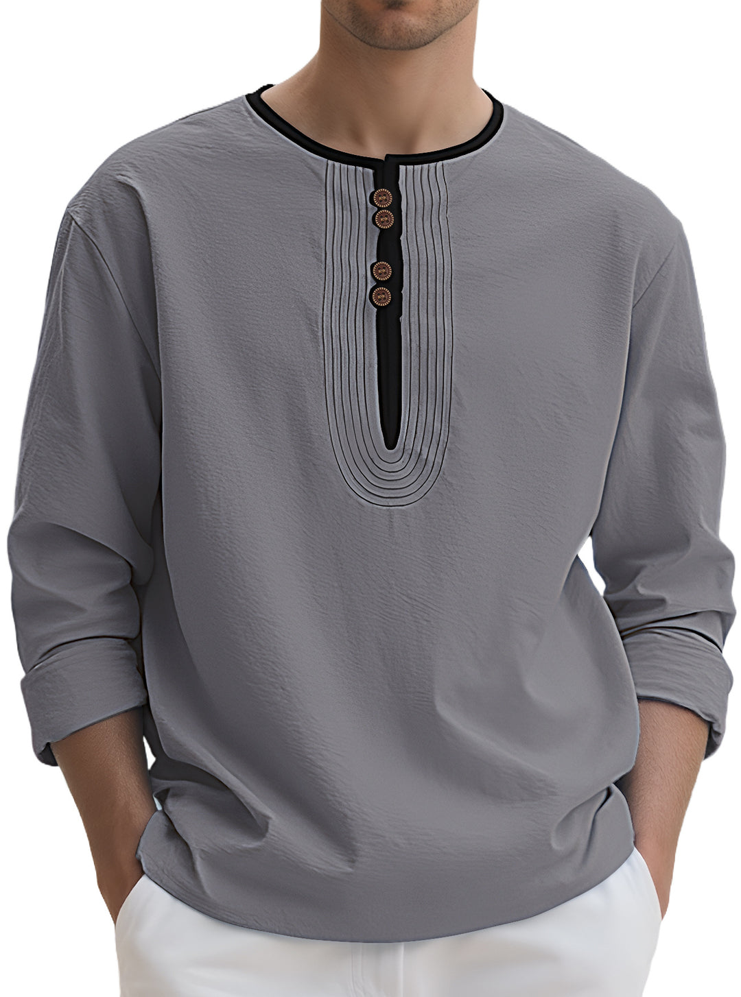 Men’s Linen-Blend Pleated Henley Shirt
