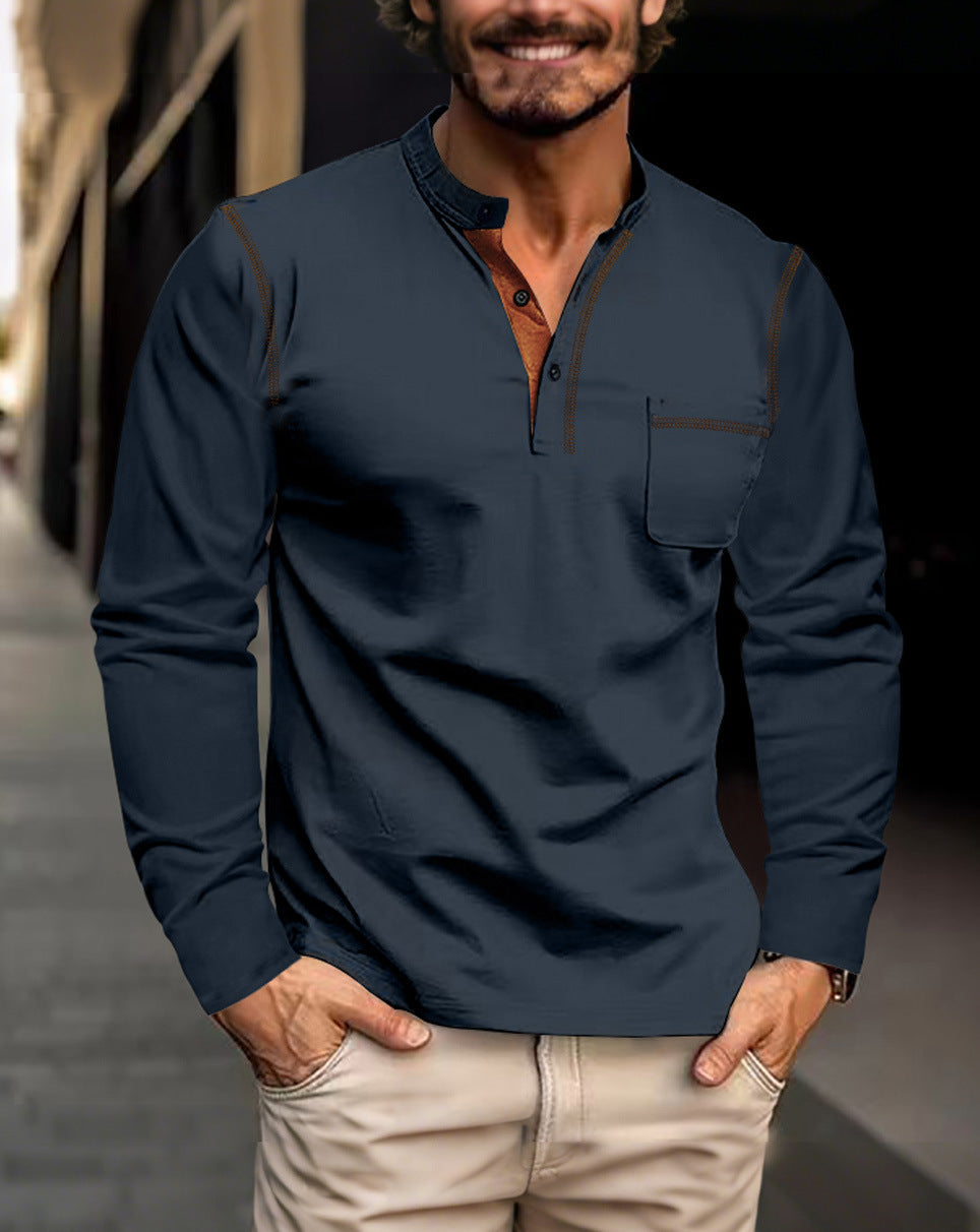 MEN’S CONTRAST-STITCH HENLEY SHIRT