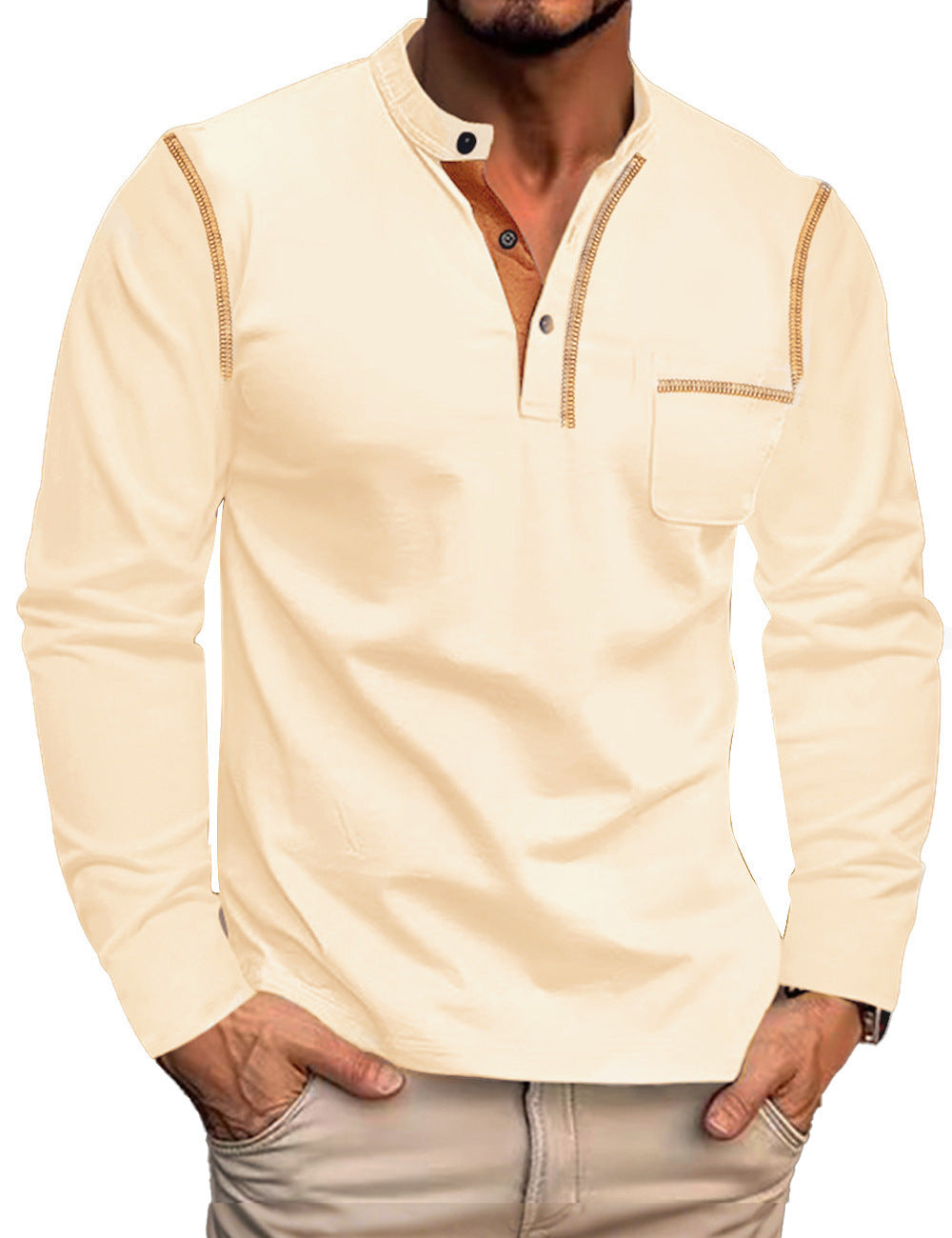MEN’S CONTRAST-STITCH HENLEY SHIRT