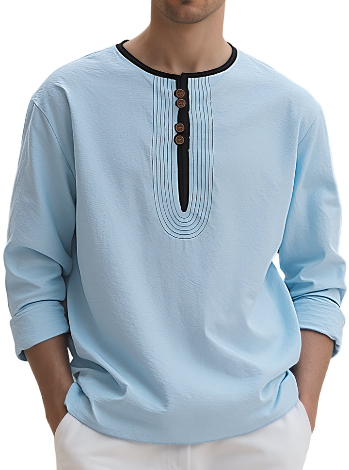 Men’s Linen-Blend Pleated Henley Shirt