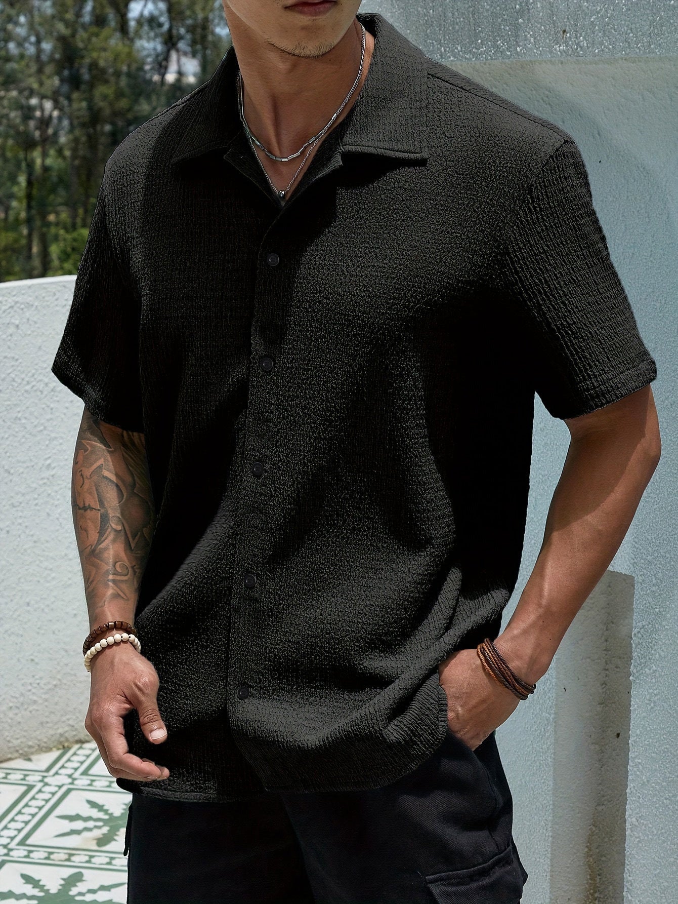 Men's Textured Button Front Collared Shirt