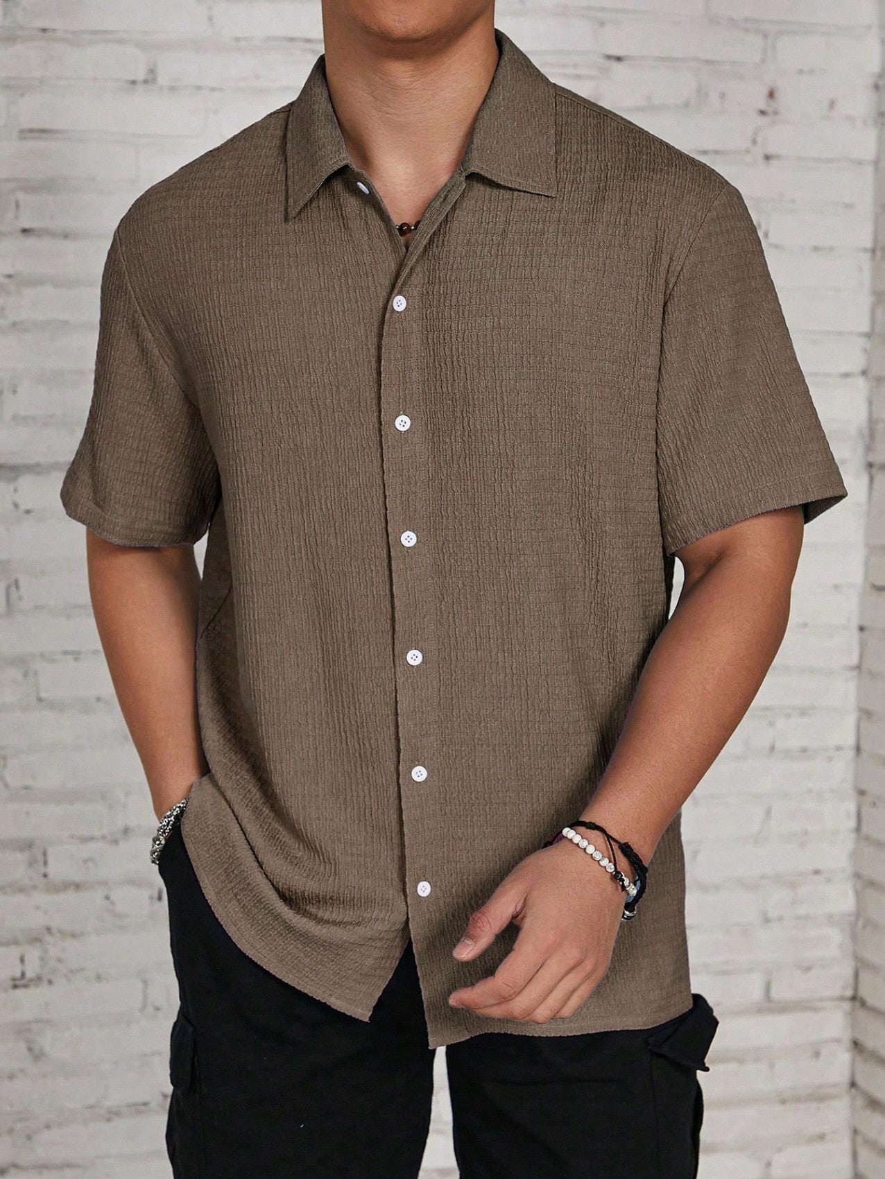 Men's Textured Button Front Collared Shirt