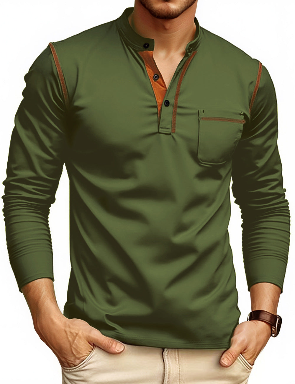 MEN’S CONTRAST-STITCH HENLEY SHIRT