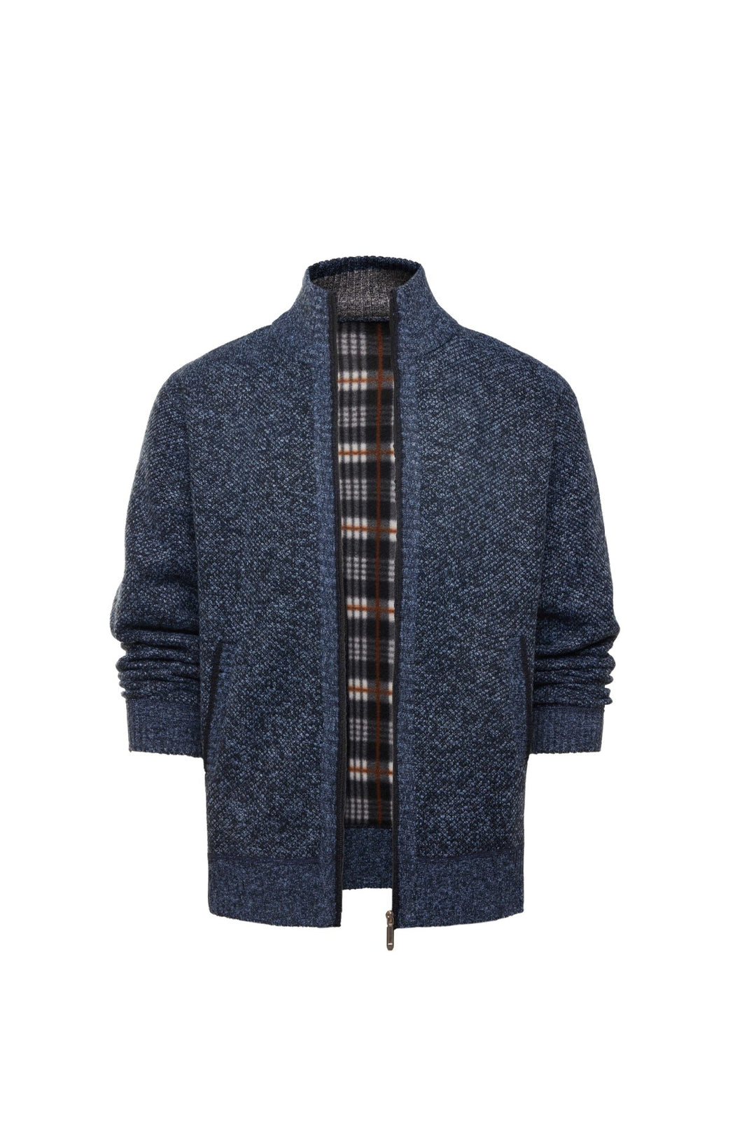 Men’s Plaid-Trim Zip-Up Knit Cardigan