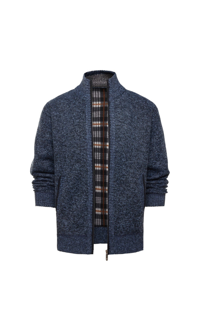 Men’s Plaid-Trim Zip-Up Knit Cardigan