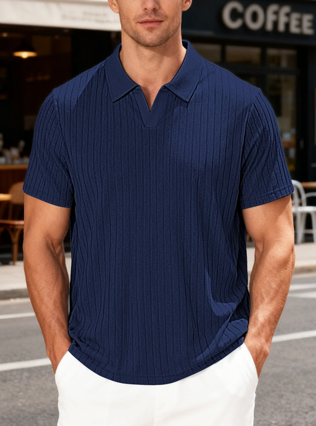 Men’s Ribbed Open-Collar Polo Shirt