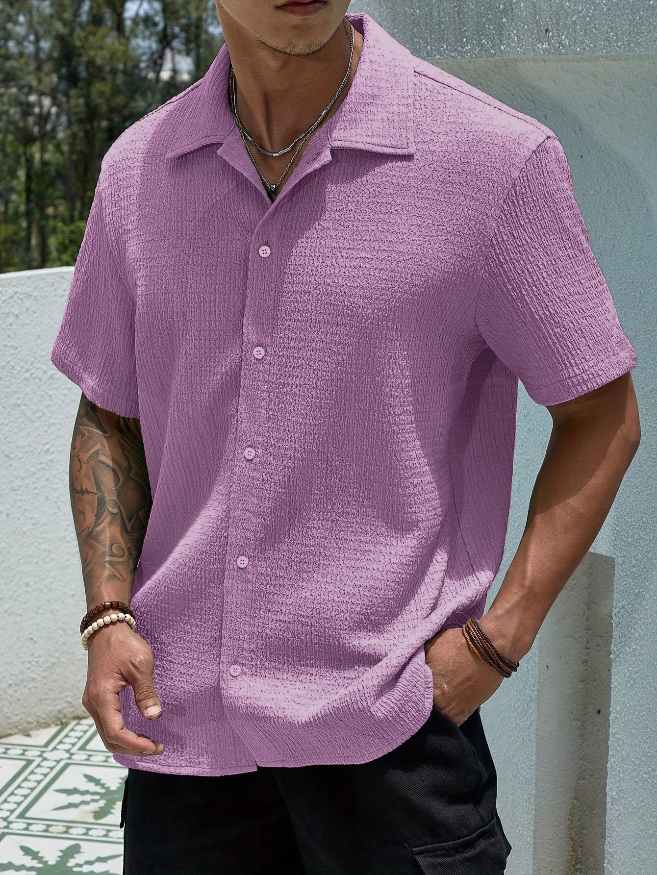 Men's Textured Button Front Collared Shirt