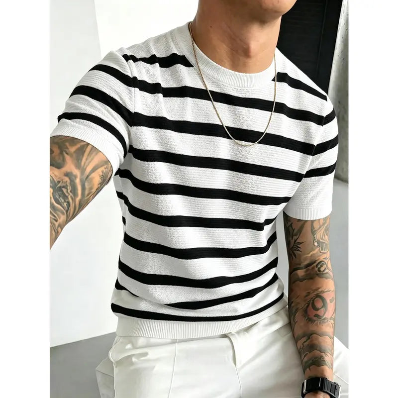 Lightweight breathable hollow knit crew neck short sleeve tee