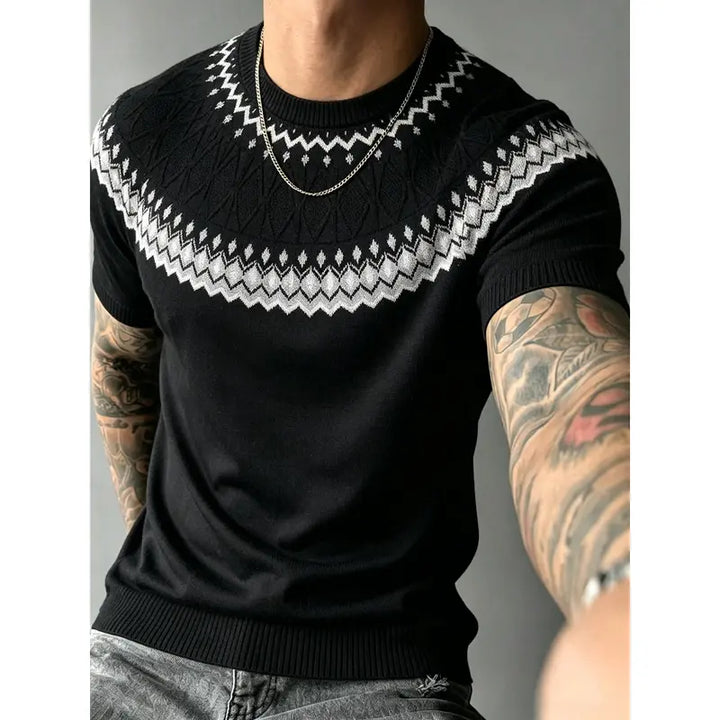 Short sleeve crew neck knit sweater with vintage fair isle jacquard yoke pattern