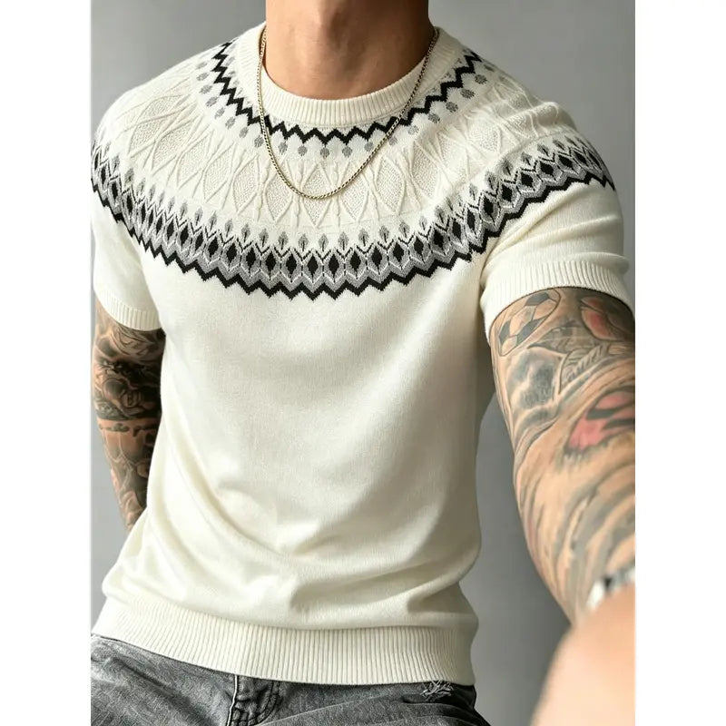 Short sleeve crew neck knit sweater with vintage fair isle jacquard yoke pattern